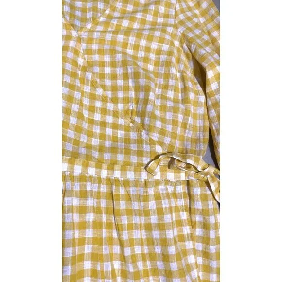 Old Navy Wrap Dress Womens XL Knee Long Sleeve Yellow Gingham Check Cotton - Picture 14 of 16